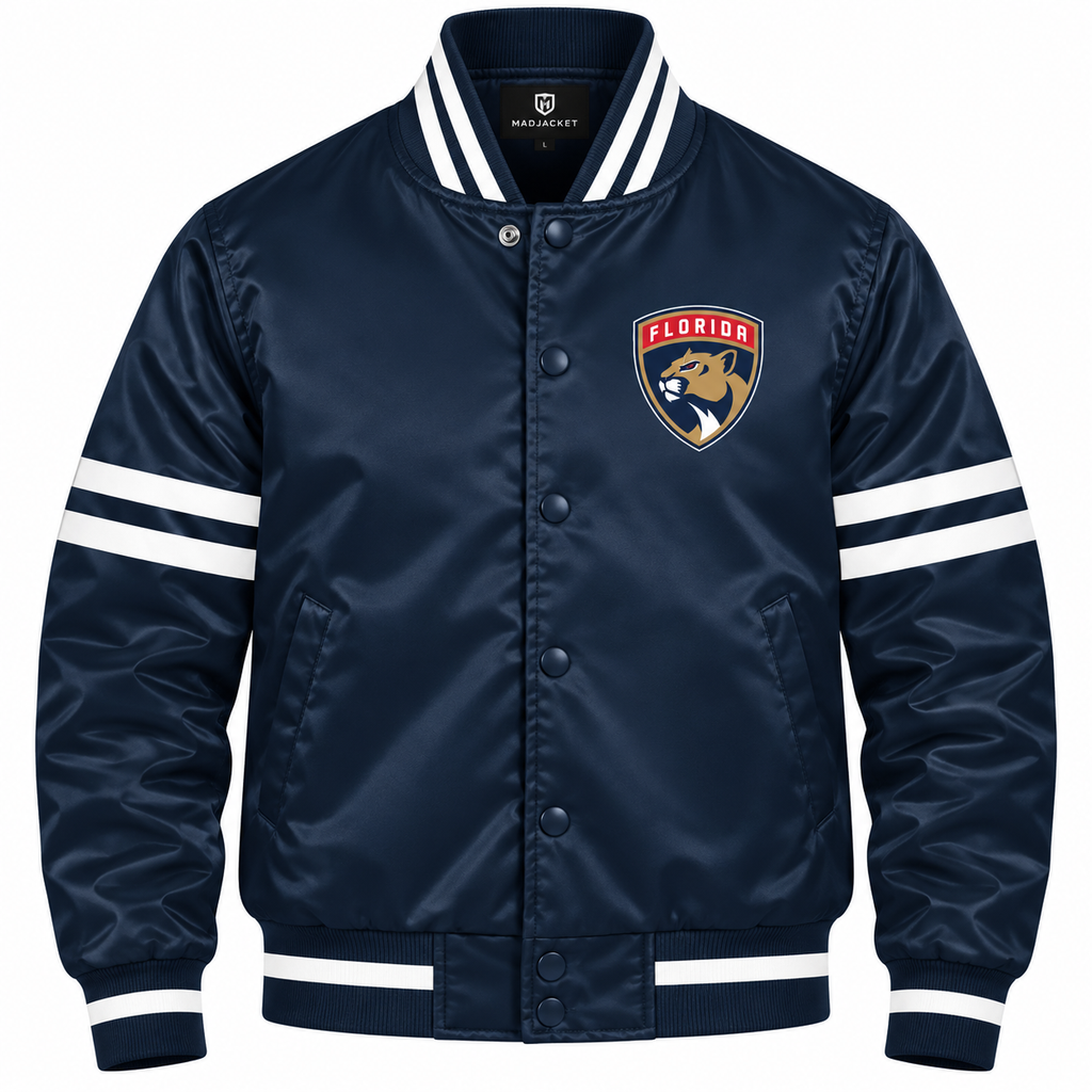 Florida Panthers Strip Sleeve NHL Heavyweight Satin Jacket Front View