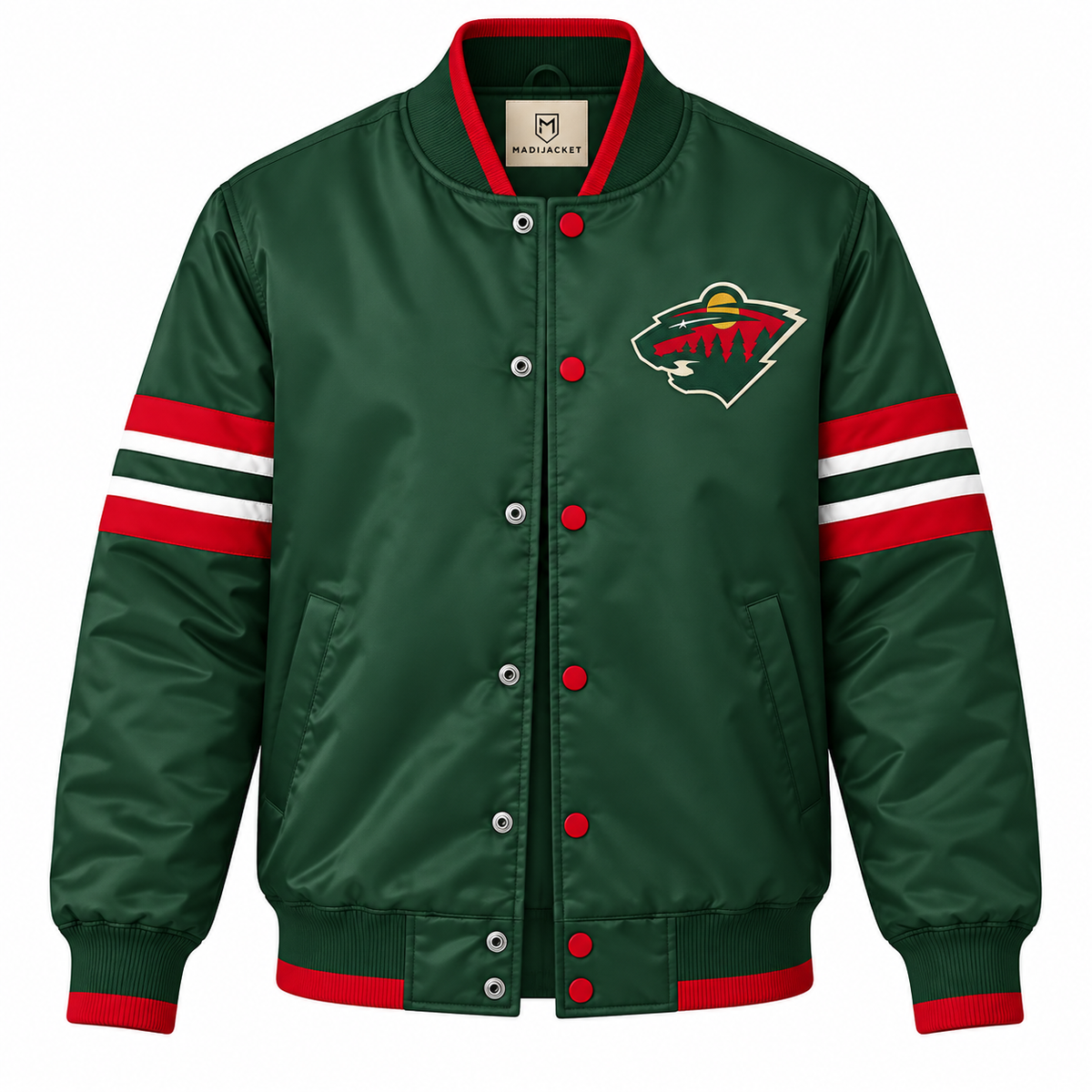 Minnesota Wild Strip Sleeve  NHL Heavyweight Satin Jacket Front View