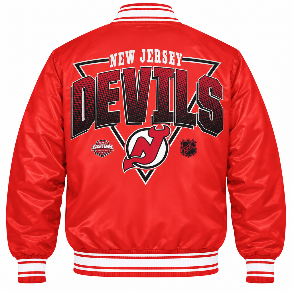 New Jersey Devils Red NHL Heavyweight Satin Jacket Back View