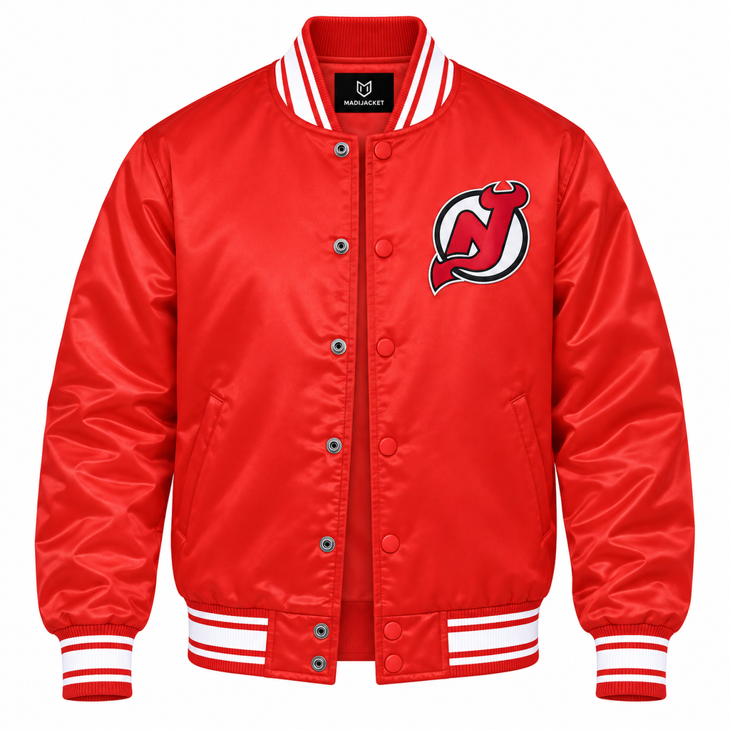 New Jersey Devils Red NHL Heavyweight Satin Jacket Front View