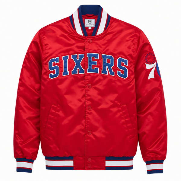 Philadelphia 76ers Heavyweight Satin Fan Jacket with classic basketball-inspired styling