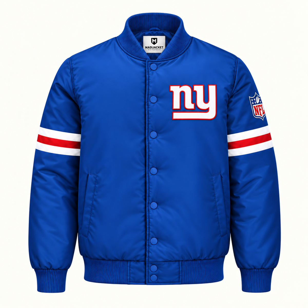 New York Giants Stripe Sleeve NHL Heavyweight Satin Jacket Front View