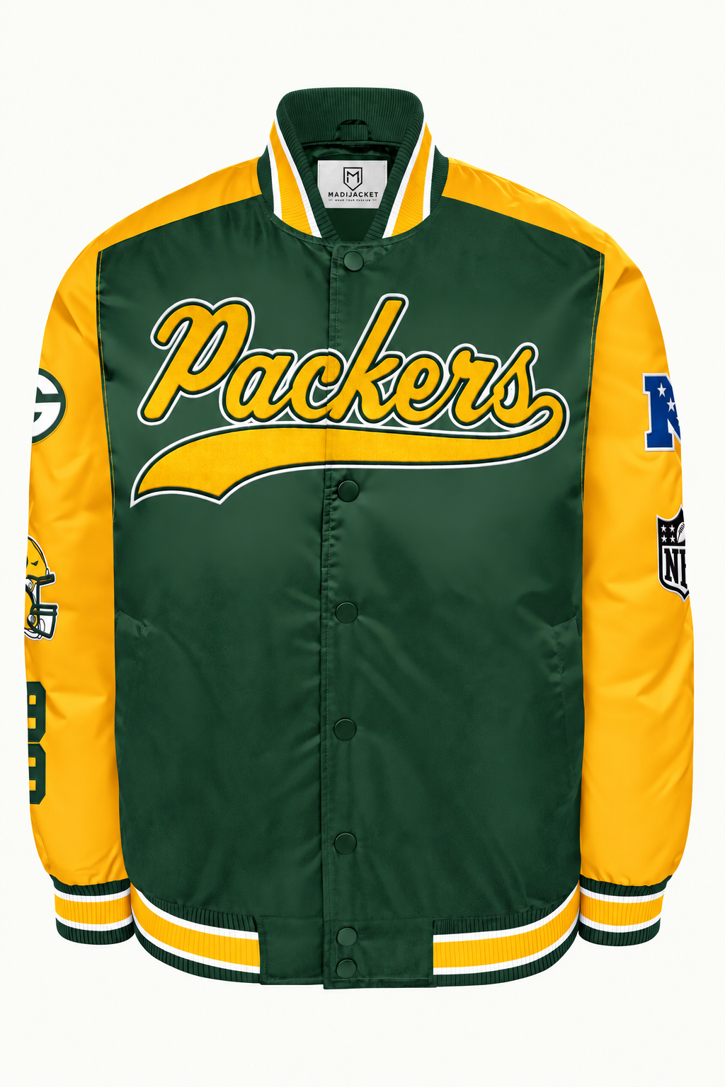 Green Bay Packers Heavyweight Satin Jacket Front View