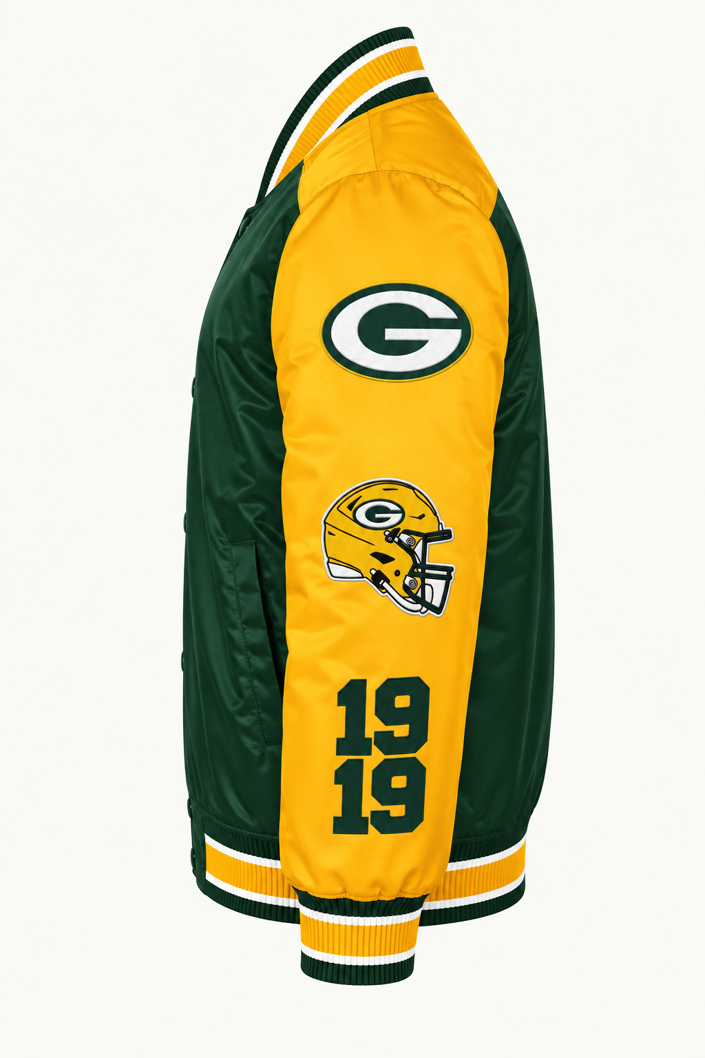 Green Bay Packers Embroidered Satin Jacket Close Up Side view