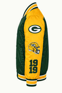 Green Bay Packers Embroidered Satin Jacket Close Up Side view