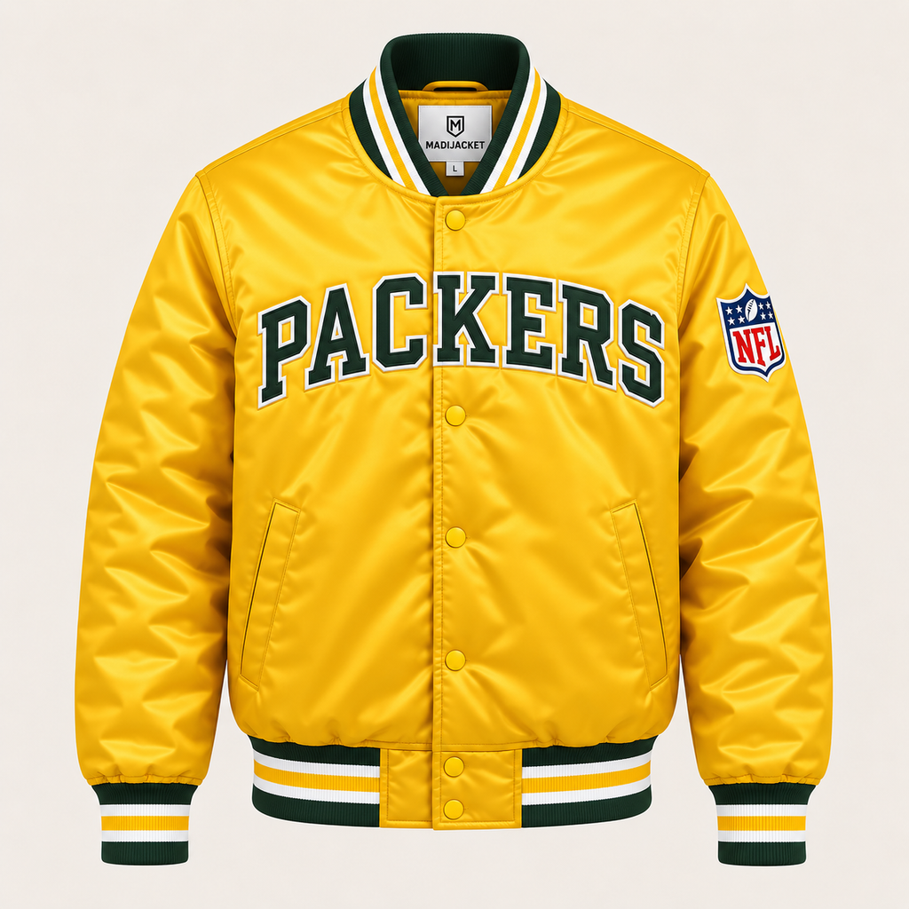 Green Bay Packers Heavyweight Satin Jacket Front View
